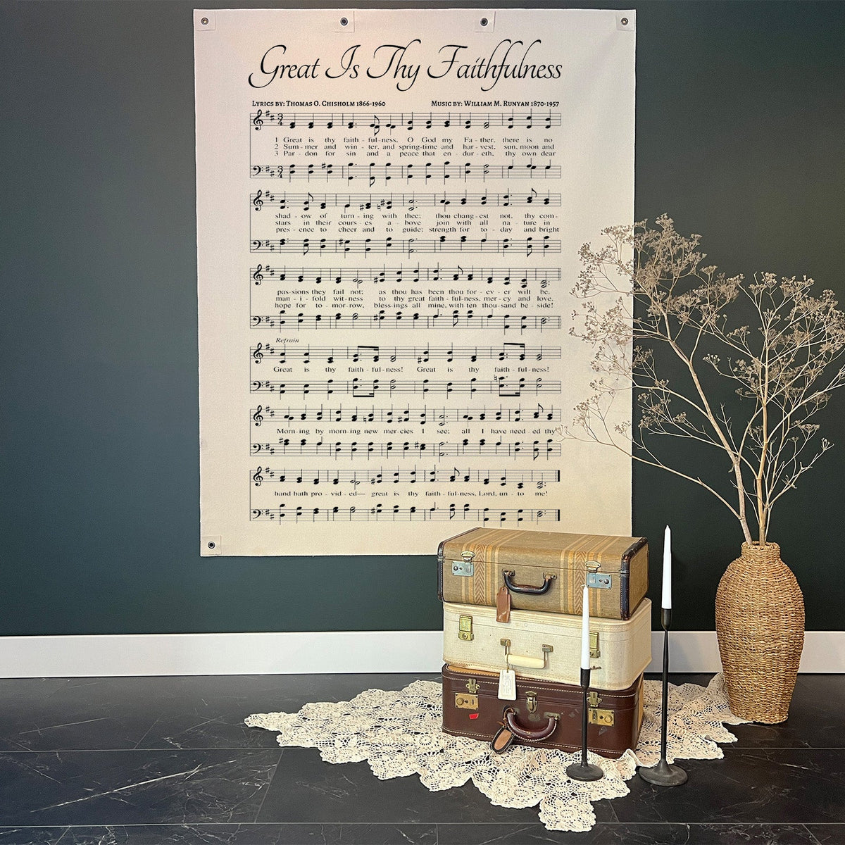Great Is Thy Faithfulness Christian wall art displayed with vintage church-inspired decor