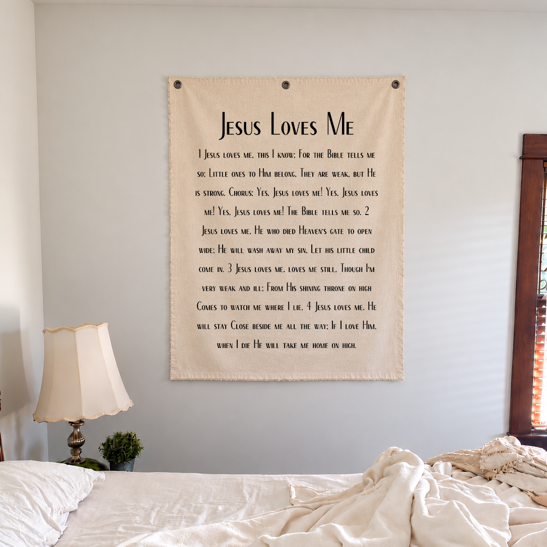 Jesus Loves Me hanging on a bedroom wall