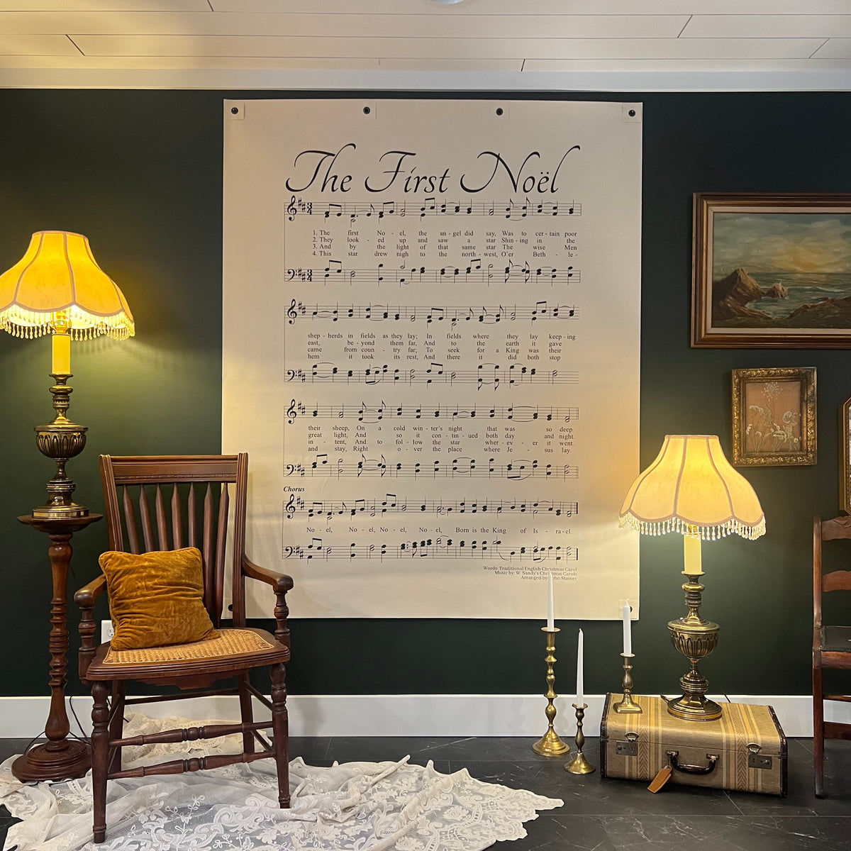 The First Noel Christian Christmas wall hanging in a beautifully decorated room