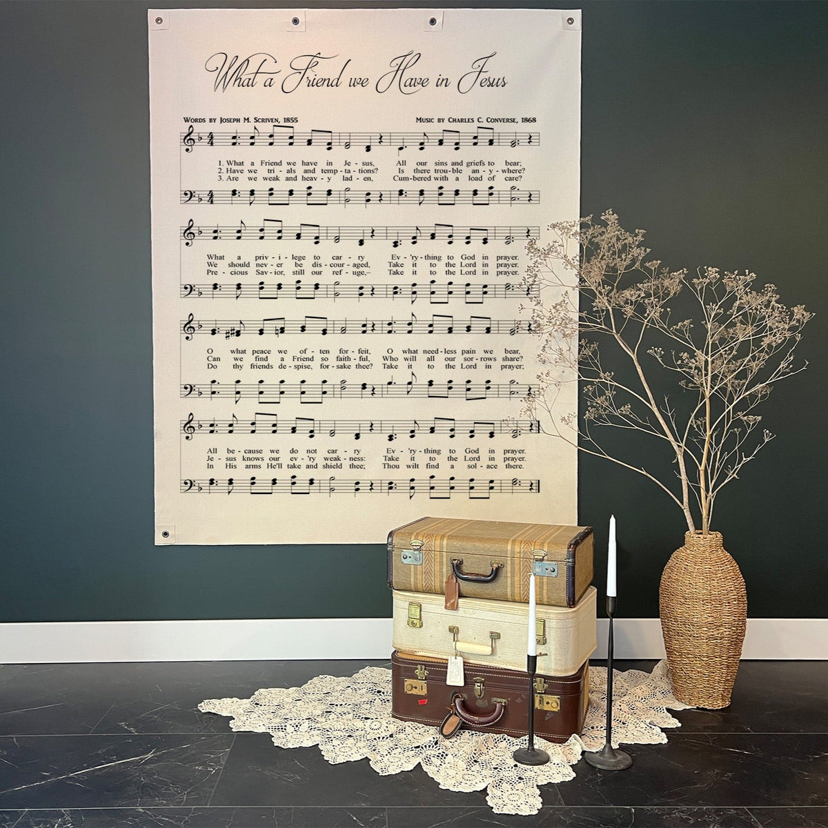 What a Friend We Have in Jesus Christian hymn wall hanging in church-inspired room