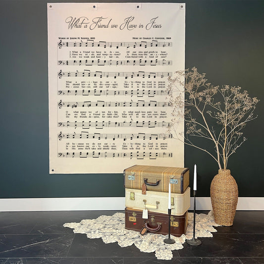 What a Friend We Have in Jesus Christian hymn wall hanging in church-inspired room